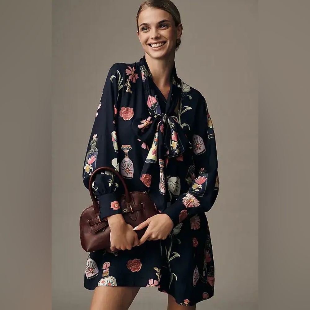 Anthropologie Maeve Caroline Tie Neck Floral Mini Dress - Picture 2 of 6